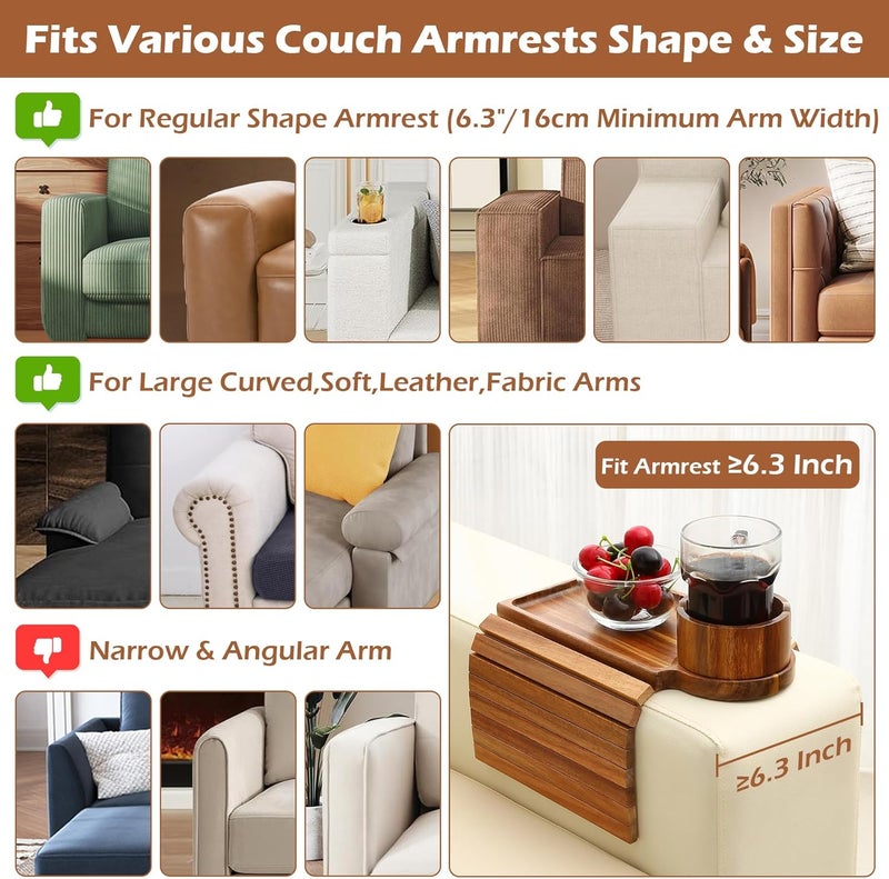 GHKINMAL Couch Cup Holder Tray, Acacia Wood Couch Armrest Table with 360° Ratated Phone Holder, 18.99" Flodable Anti-Slip Sofa Armrest Tray Tables for Snacks Remote Storage - Image 3